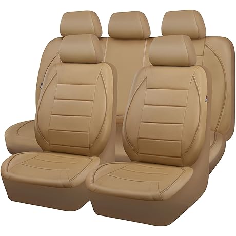 CAR PASS Leather Seat Cover,Beige with Tan Piping-Stripe for SUV, Cars, Sedan, Truck.