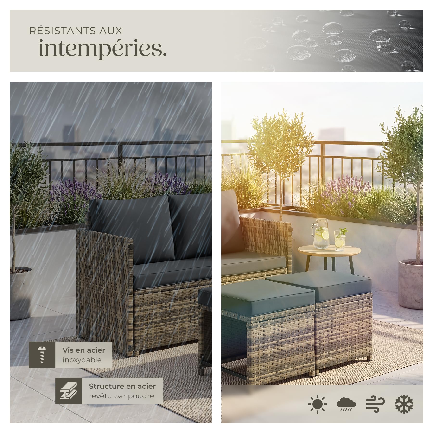 tectake® Salon de Jardin Exterieur 2en1, Modulable et Encastrable, Canape Exterieur et Repose-Pied ou Ensemble Table, Banc et Chaise extérieur, Salon de Jardin, Balcon, Terrasse, 4 Personnes