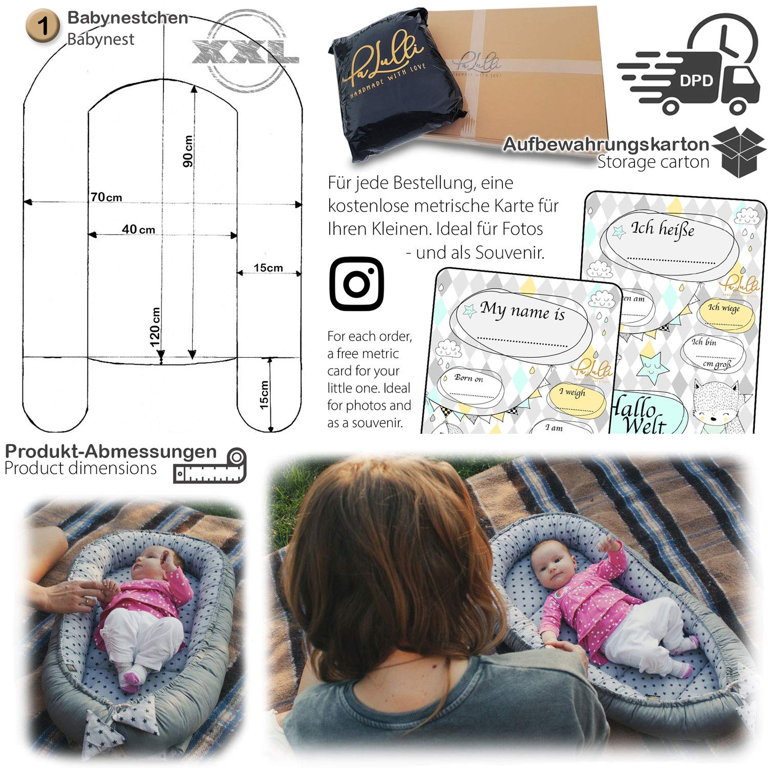 PaLulli 120 x 60 cm nido para bebé, tamaño XXL, capullo para bebé, 2 caras, 100% algodón, almohada, nido de peluche, cuna de viaje para bebés y bebés (plumas)
