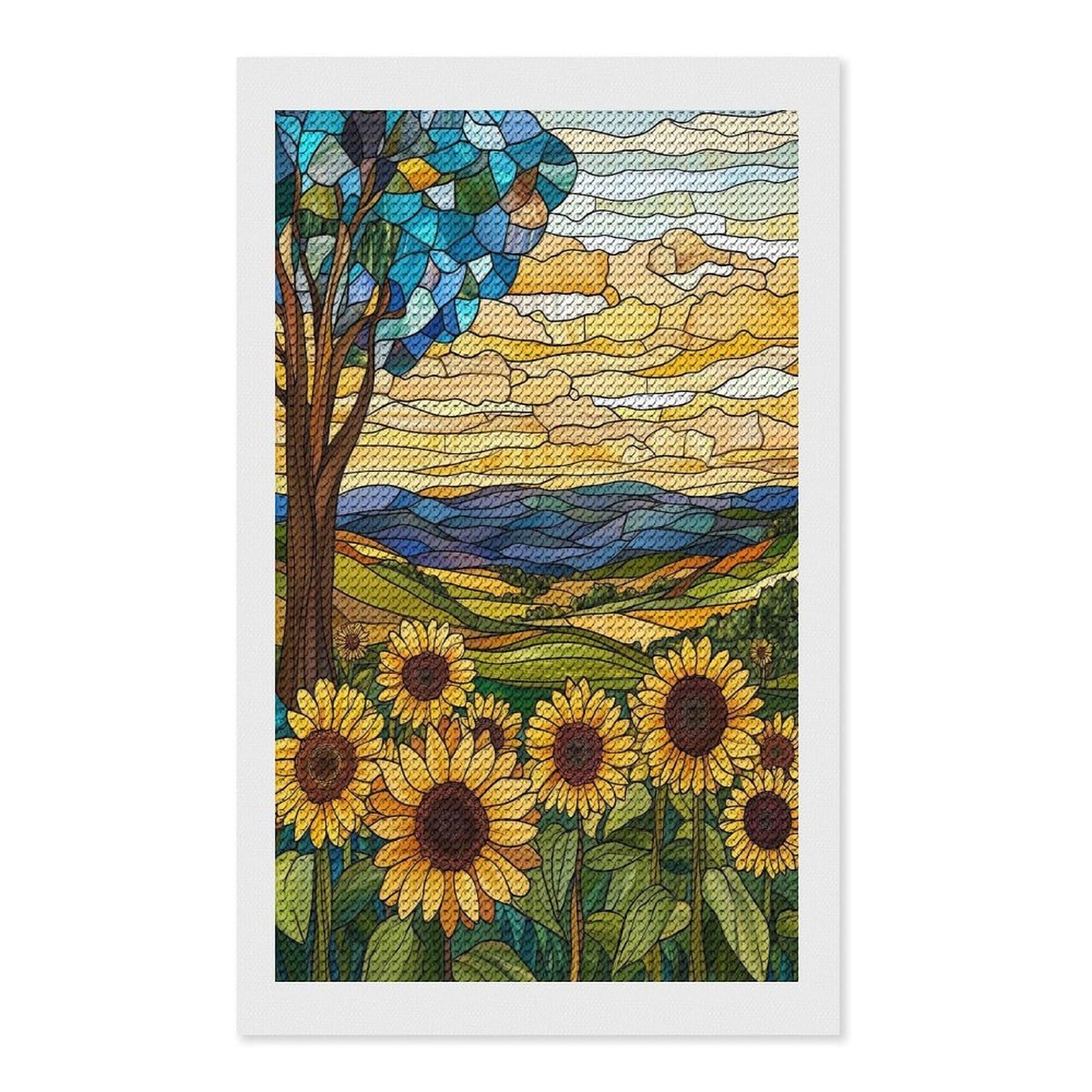 Junmoney Stained Glass Sunflower Field Diamond Art Kit 12"x20", Modern Decor, for Adults, Printed Canvas, Holiday Gift Idea, Fun Craft Experience