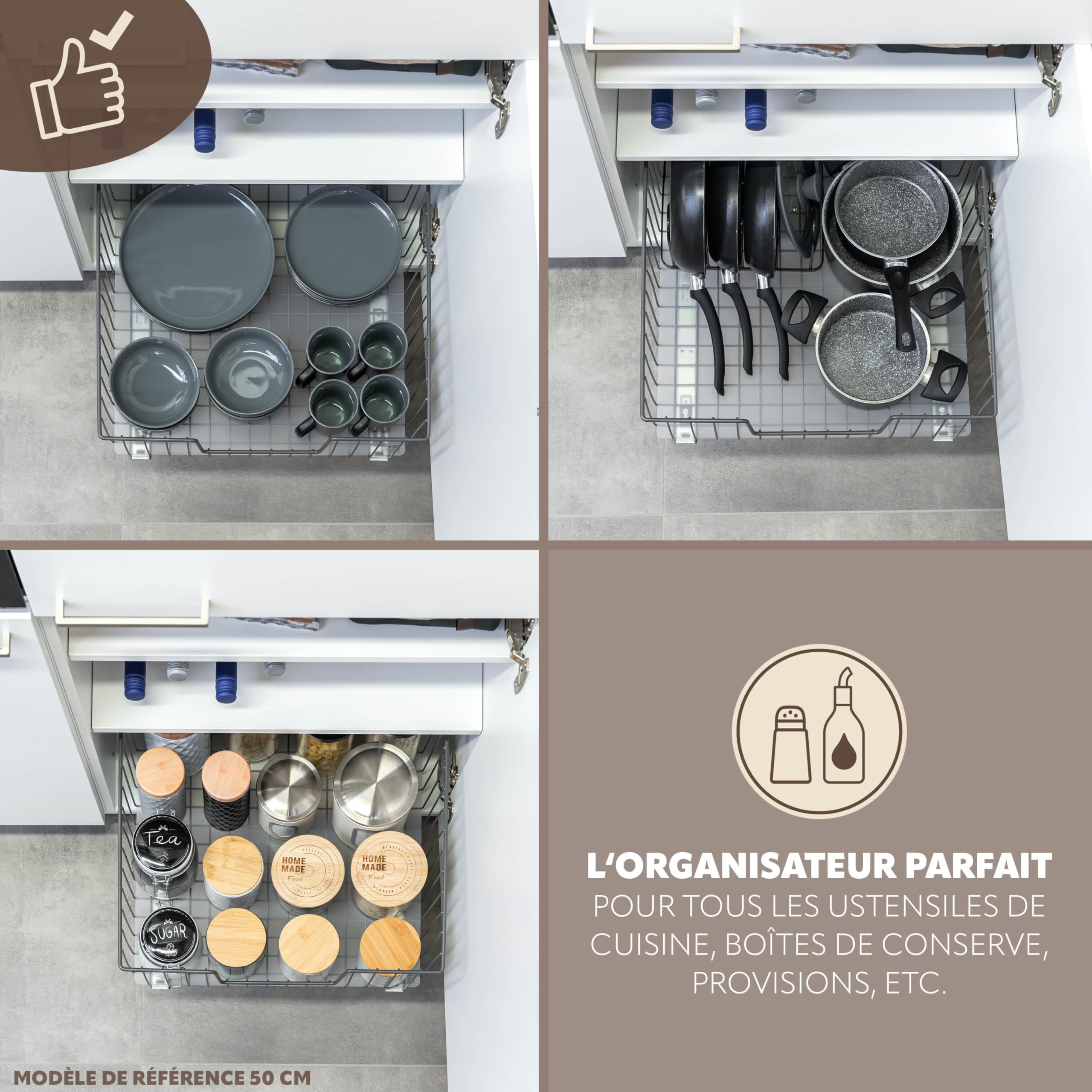 bremermann Panier Coulissant pour Armoire, Largeur 30 cm, avec Tablette, Rails télescopiques, Panier Coulissant idéal pour la Cuisine et la Salle de Bain, en métal (Gris)