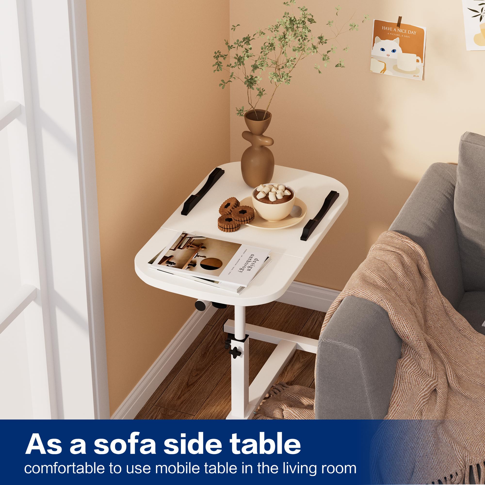Tavolino mobile regolabile in altezza, per letto con 4 ruote, 60 x 40 cm, tavolo girevole per soggiorno, camera da letto, ufficio, letto, divano, max 20 kg, bianco