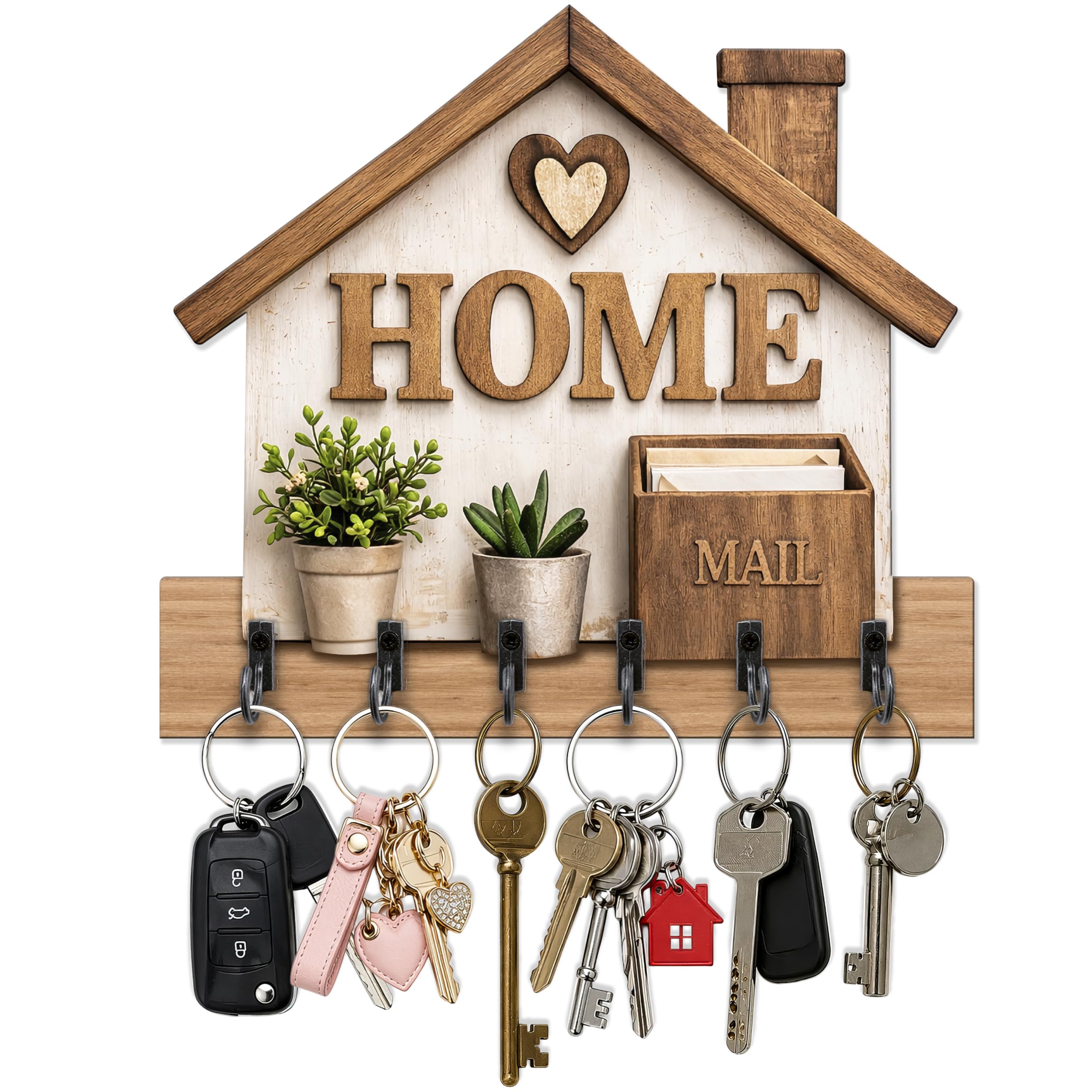 DEKORI Appendichiavi da Parete HOME in Legno – Portachiavi da Muro 6 Ganci Metallo – Decorazione Ingresso Casa Stile Country Moderno – Organizer Chiavi Parete – Made in Italy