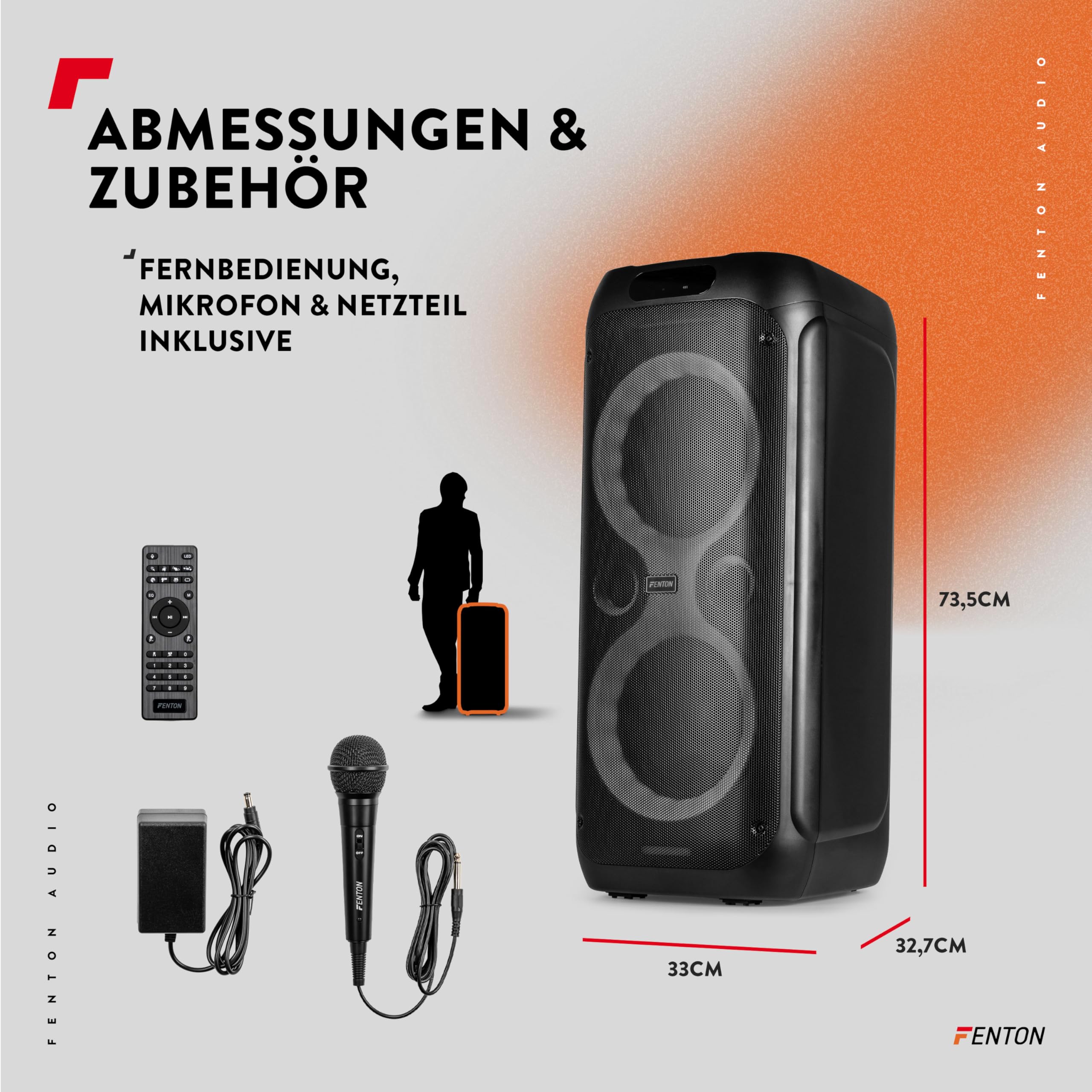 Fenton Core130 Musikbox Bluetooth Groß 180W, Akku 12 Std, Karaoke Mikrofon, BT 5.3, Fernbedienung, Partybox Bluetooth Lautsprecher Groß, Stereo-Pairing, Tragbare Musik Box - Schwarz