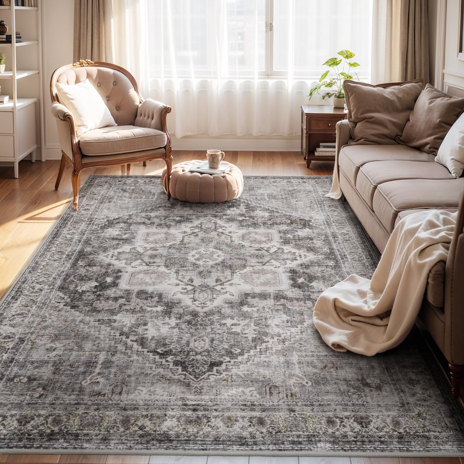 Washable Rugs for Living Room 8x10 Area Rug Soft Living Room Carpet-Rugs for Bedroom Vintage Oriental Floral Dining Room Non Slip Grey Dark Grey 8' x 10' (Rectangular)