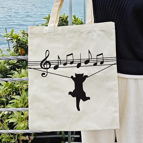 Miniatura 3 de Dlzdn Bolsa de lona con diseño de gato negro para mujer, estética, divertida, linda y divertida para jugar con música, nota musical, bolsa de