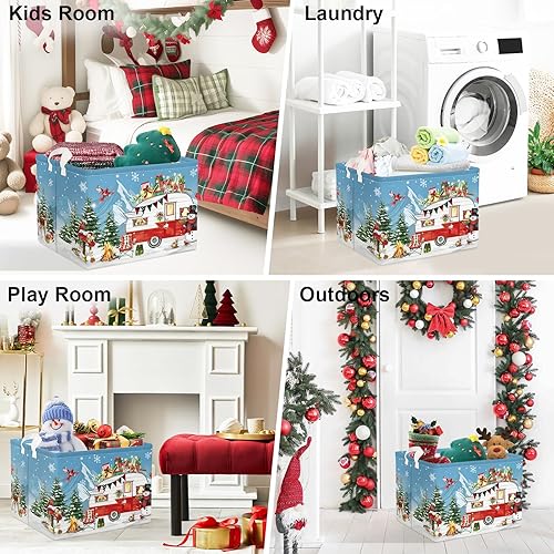 Miniatura 7 de Clastyle Cesta grande de 36L para invierno, caravana, muñeco de nieve, azul, con asa, plegable, rectangular, árbol de Navidad, ciervo, juguetes,
