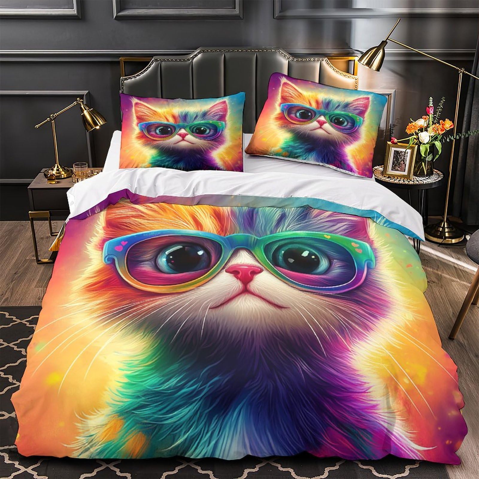 Drap de Couette Anti-Tache Chat Arc-en-Ciel Microfibre Durable