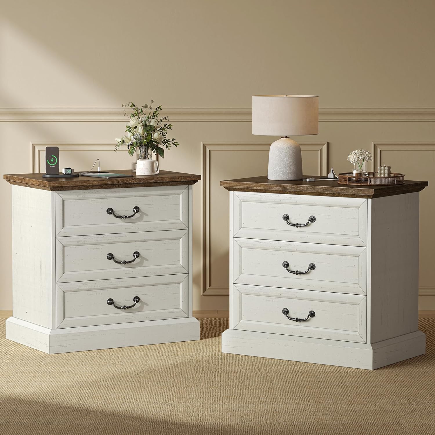 incomplete one box only….Huuger Nightstand with Charging Station, 3 Drawer Night Stand Set of 2, 22 Inch Wider Side Table with Storage, Farmhouse Nightstand with Vintage Handles, Thicken Base, for Bedroom, Distressed White 15.8\"D x 21.7\"W x 23.5\"H Distressed White 2