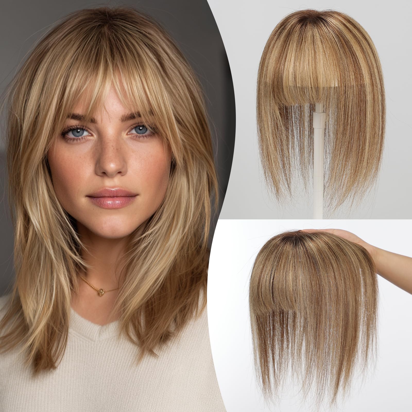 EMMOR 10 Zoll Echthaar Haarteil für Frauen – Verbesserte Schweizer Spitzenbasis mit 3 rutschfesten Clips, 4,5" x 3" Clip-in Pony für dünner werdendes Haar(Ombre Braun mit blonden Strähnen)