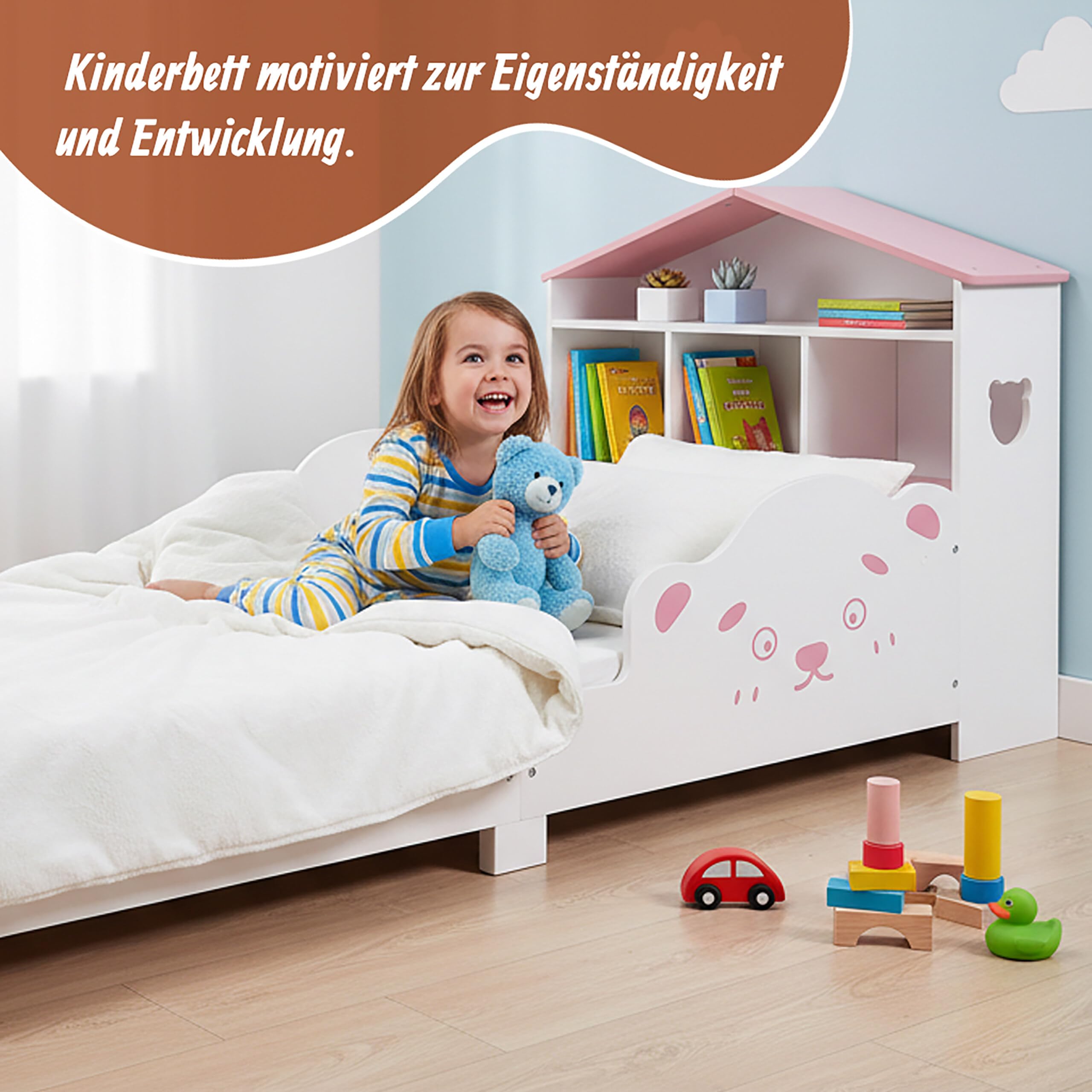 Relaxdays Kinderbett, 70x140 cm, Regal in Hausform, Kleinkindbett mit Rausfallschutz, Lattenrost, Bär-Design, weiß/rosa