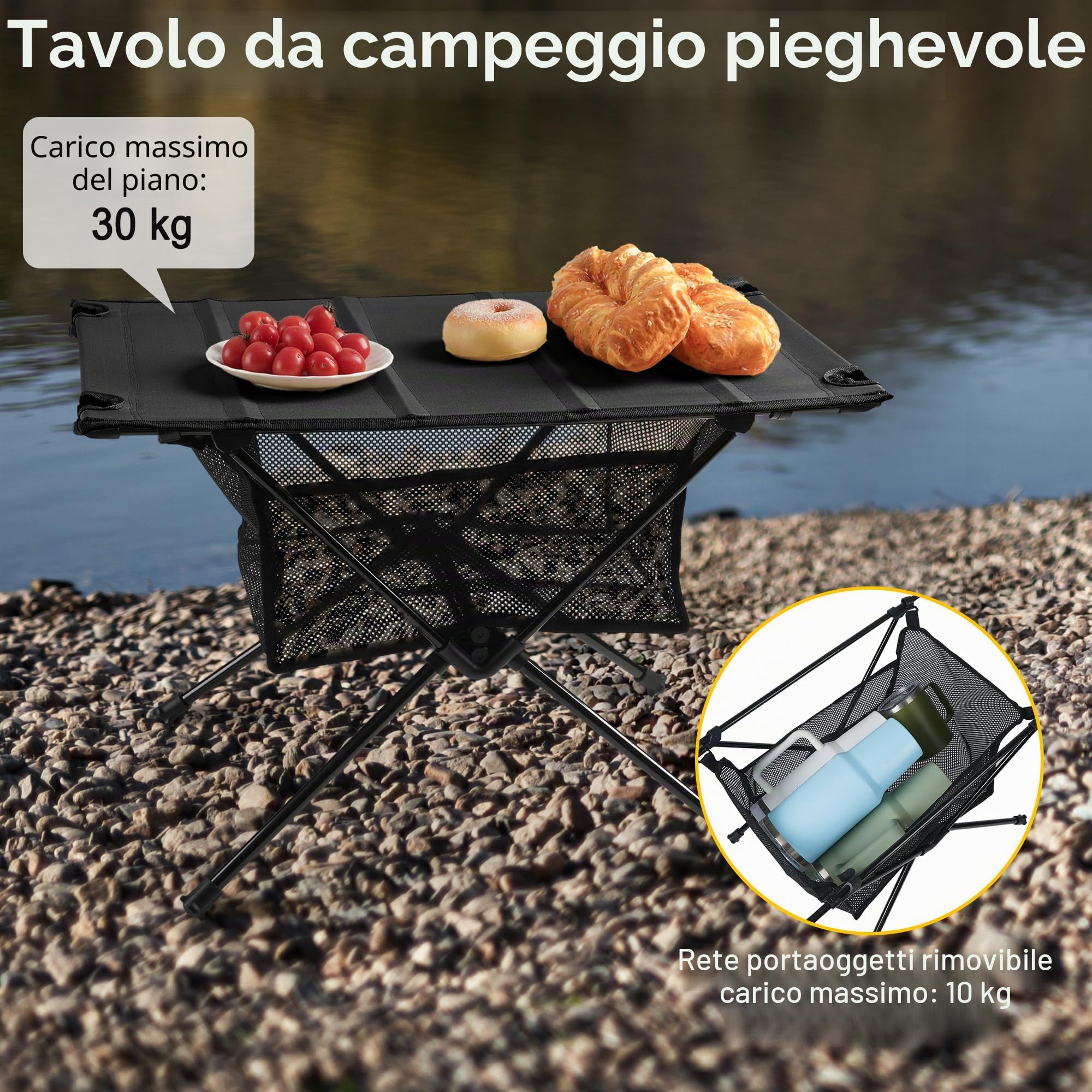 Tavolo Campeggio - Tavolo da Campeggio Pieghevole con Rete di Stoccaggio & Borsa di Trasporto | Piccolo & Ultra-Leggero (60 x 40 x 39,5 cm) | Ideale per Esterno, Barbecue, Pesca & Escursionismo