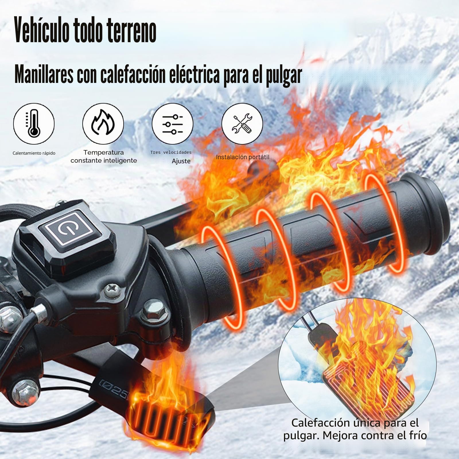 Puños Calefactables, Puños Calefactables ATV de 12 V, Sobregrip Calefactable para Motocicleta Ajustable de 3 Niveles, Puños Calefactables Impermeables con Control de Temperatura Inteligente