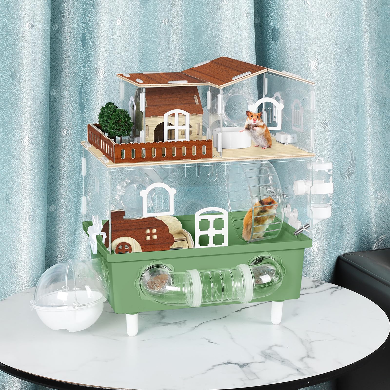 Acrylic Hamster Cage Large Hamster Habitat Dwarf Hamster Enclosure, 13.3''* 9.8''* 17.4'' Clear Pet Mice House for Syrian Small Hamsters, Green