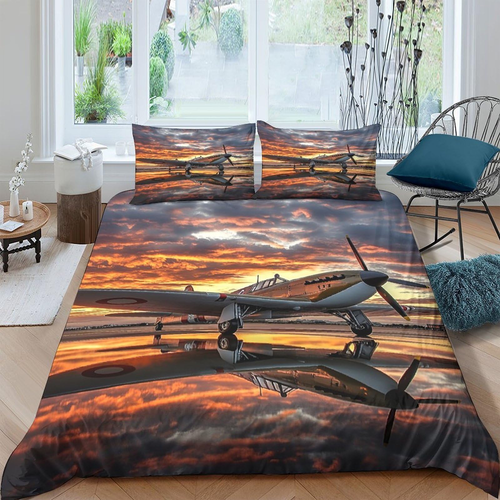 GPLZQXKJNH 3D Printed Sunset Airplane Duvet Cover Microfiber Soft with 2 Pillowcases, Aeroplane Bedding Set for Bedroom Home Décor, Single（135x200cm）