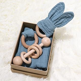 Baby Lovey, Wood Rattle, Teether Ring, 3 Pack Montessori Gift, Navy Blue...