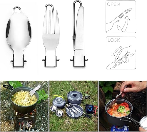 Miniatura 6 de Odoland Kit de utensilios de cocina para camping, olla ligera con 2 tazas, kit de cuchara de tenedor de acero inoxidable, gris para mochileros,