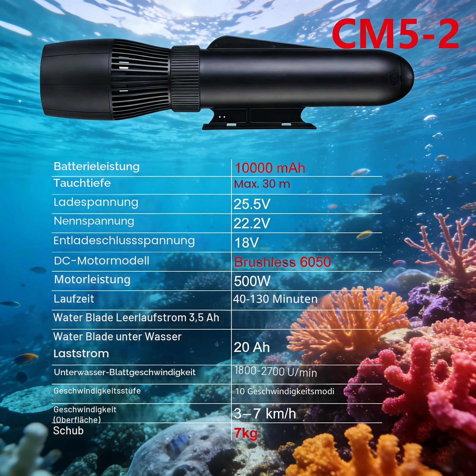 Unterwasserscooter 500W/10000 mAh, 130-Minuten Laufzeit, 10-Gang-Einstellbar (2,9-6,9 km/h), familienfreundlicher Unterwasser-Meer-Scooter für SUP-Paddelbrett, Pooltauchen und Schnorcheln