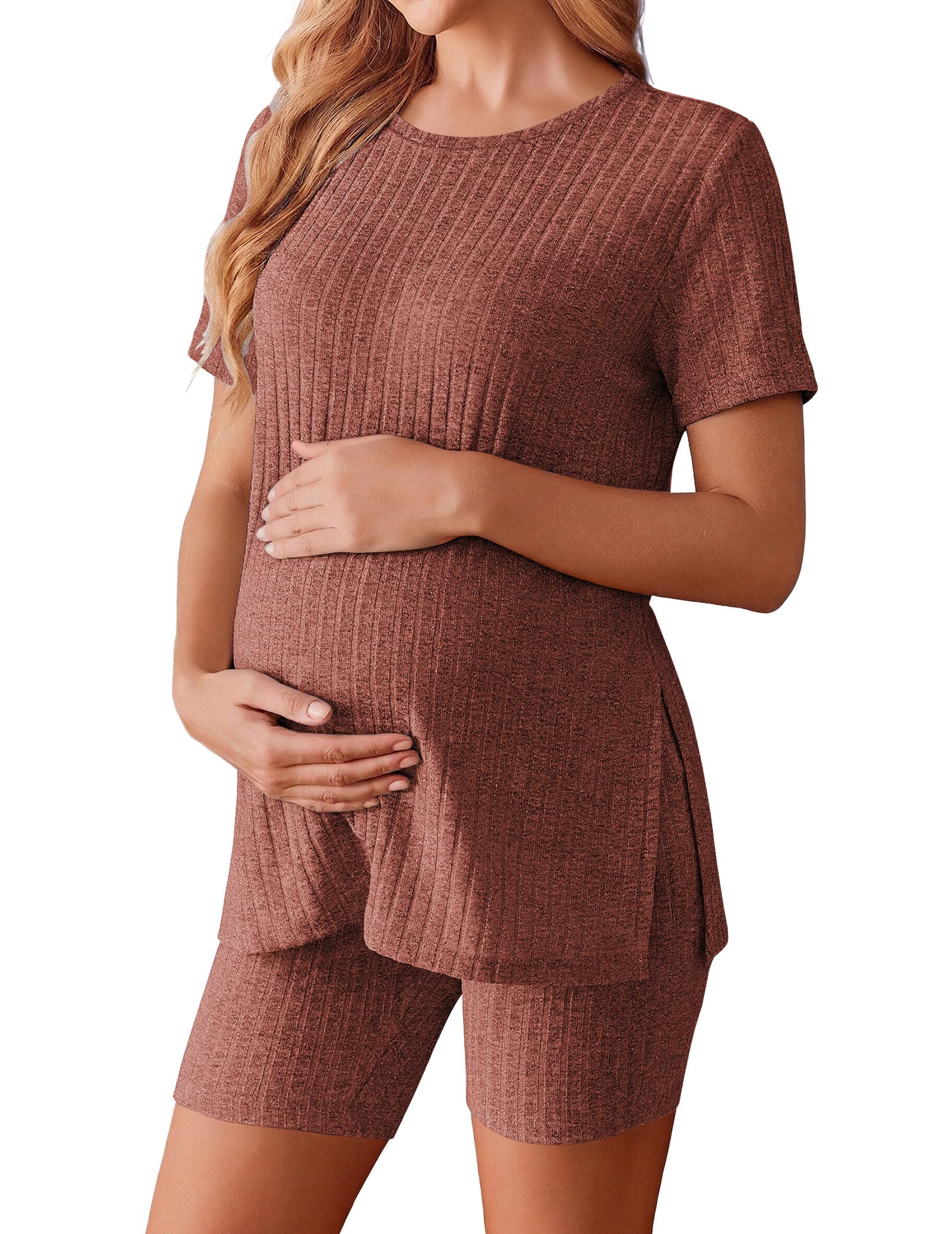 Ekouaer Maternity Sets 2 Piece Outfits Short Sleeve Shirts and Biker Shorts Pregnancy Loungewear