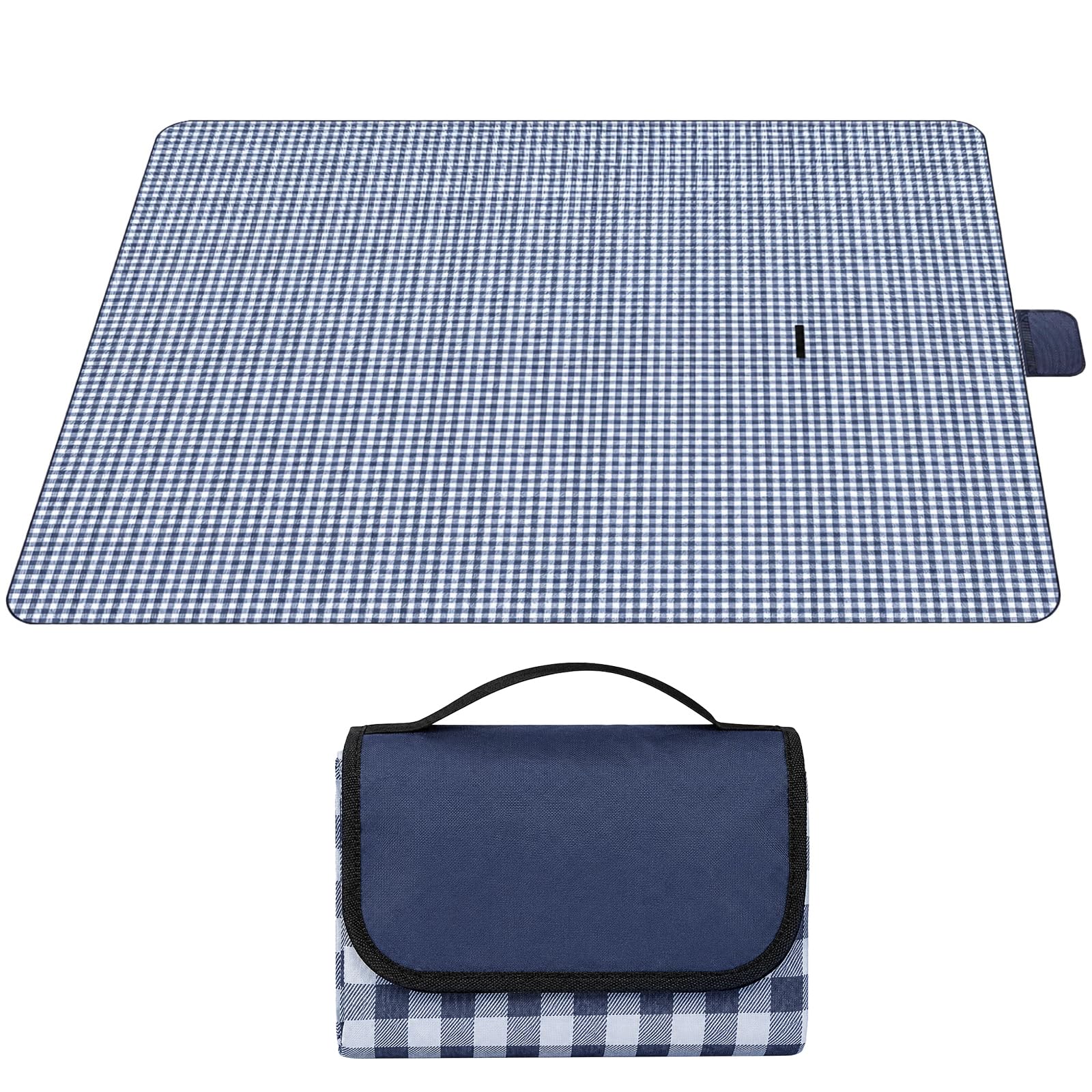 YAGOKKI Outdoor Picnic Blanket, 200x300 cm Extra Large Beach Blanket, Waterproof Foldable Oxford Cloth Camping Mat, Blue Checkered Beach Rug with Handle for Parks, Hiking