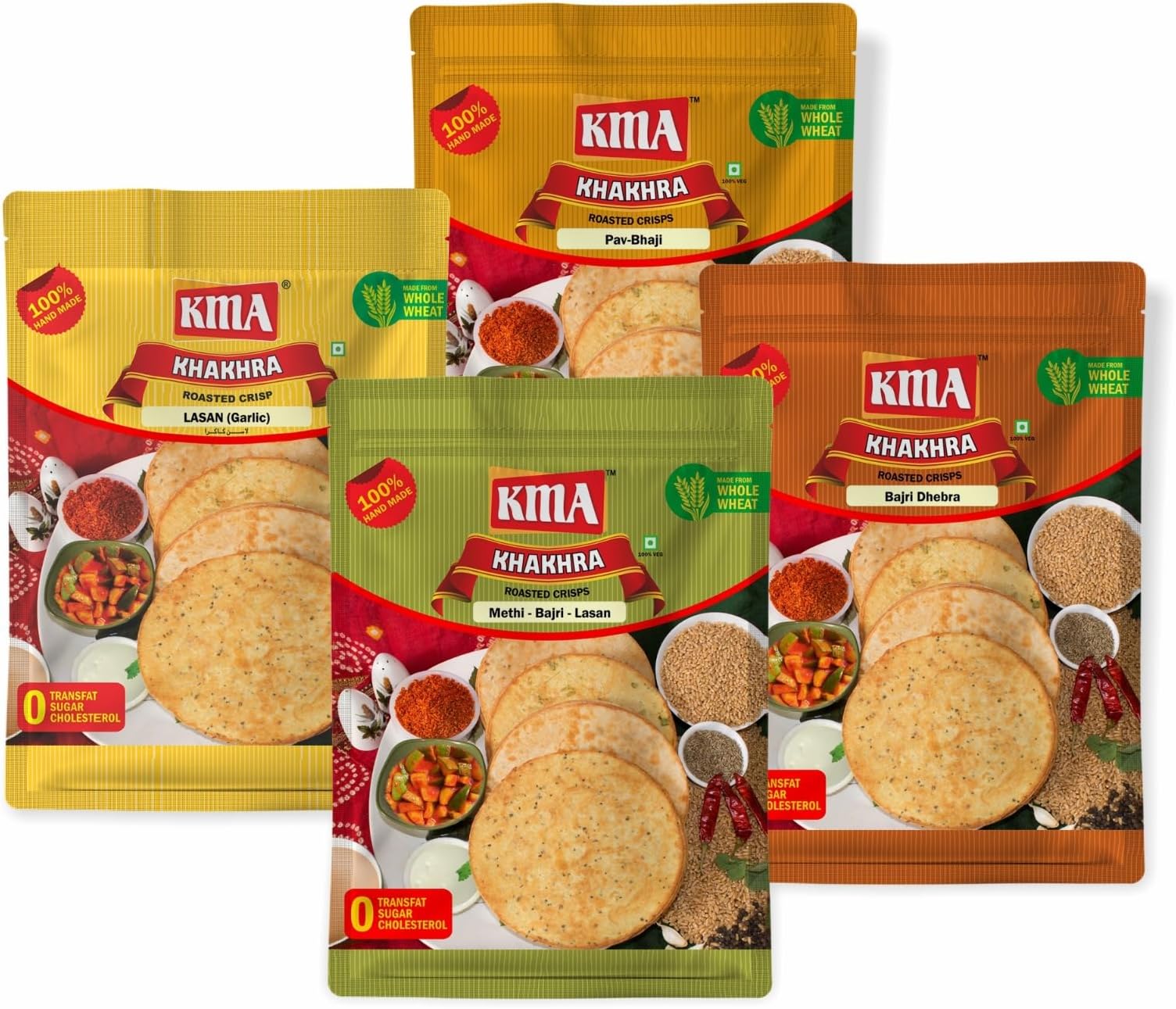 KMA Gujarati Khakhra Garlic Flavors Combo 800g (4 packs * 200g each) - Bajri Dhebra , Garlic , Methi Bajri Lasan & Pav Bhaji , Handmade Roasted Fresh Snacks , Ready to Eat Indian Delight , Crispy & Nutritious with Authentic Taste , Healthy Diet , Low Calorie Anytime Snack