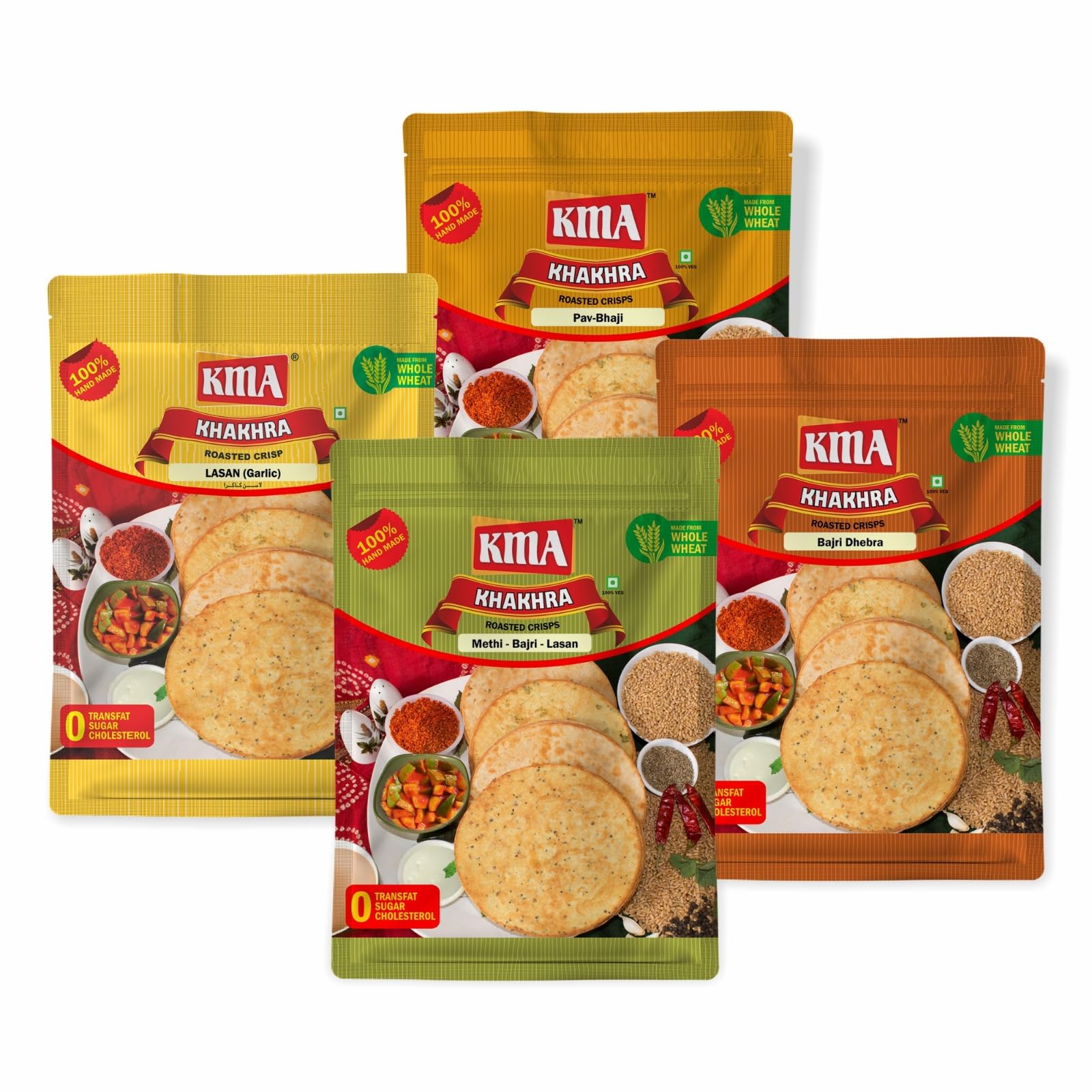 KMA Gujarati Khakhra Garlic Flavors Combo 800g (4 packs * 200g each) - Bajri Dhebra , Garlic , Methi Bajri Lasan & Pav Bhaji , Handmade Roasted Fresh Snacks , Ready to Eat Indian Delight , Crispy & Nutritious with Authentic Taste , Healthy Diet , Low Calorie Anytime Snack