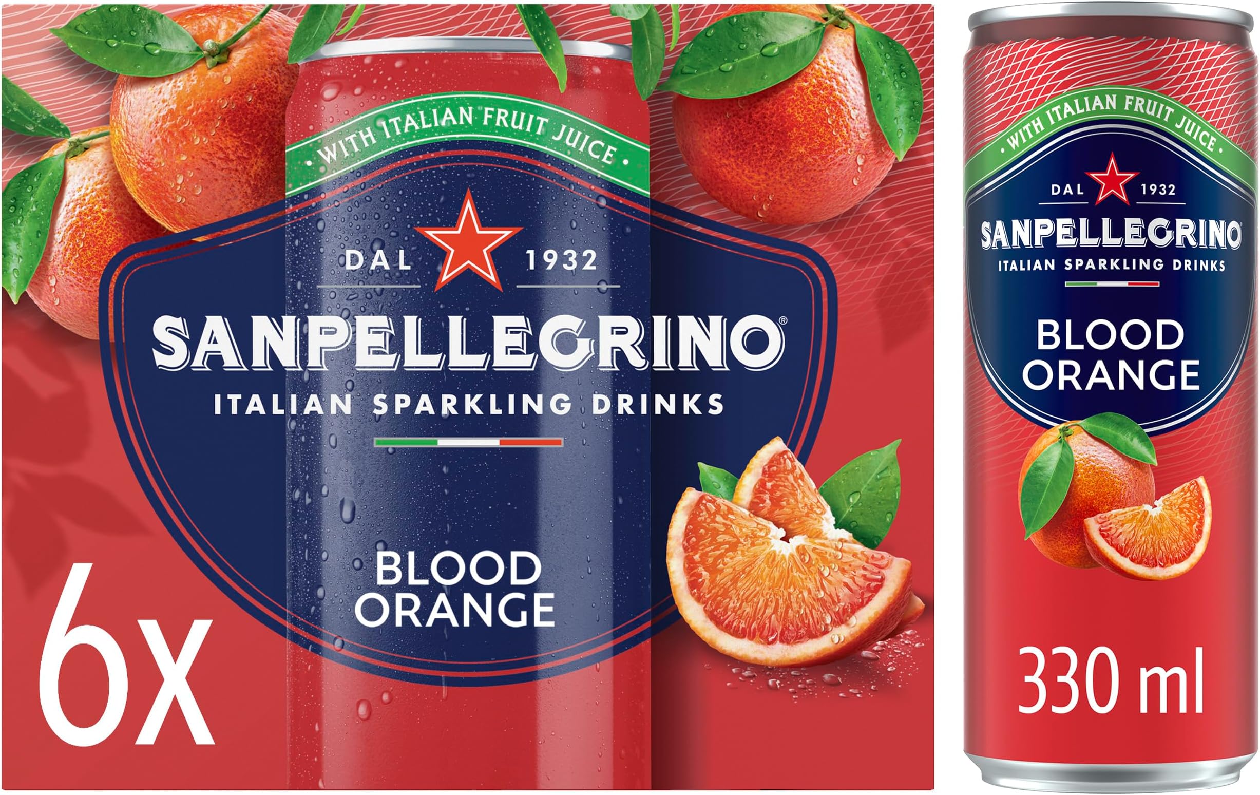 San Pellegrino Italian Sparkling Drinks Tastefully Light Sparkling Blood Orange Canned Soft Drink 6 x 330ml | 69 kCals per Can