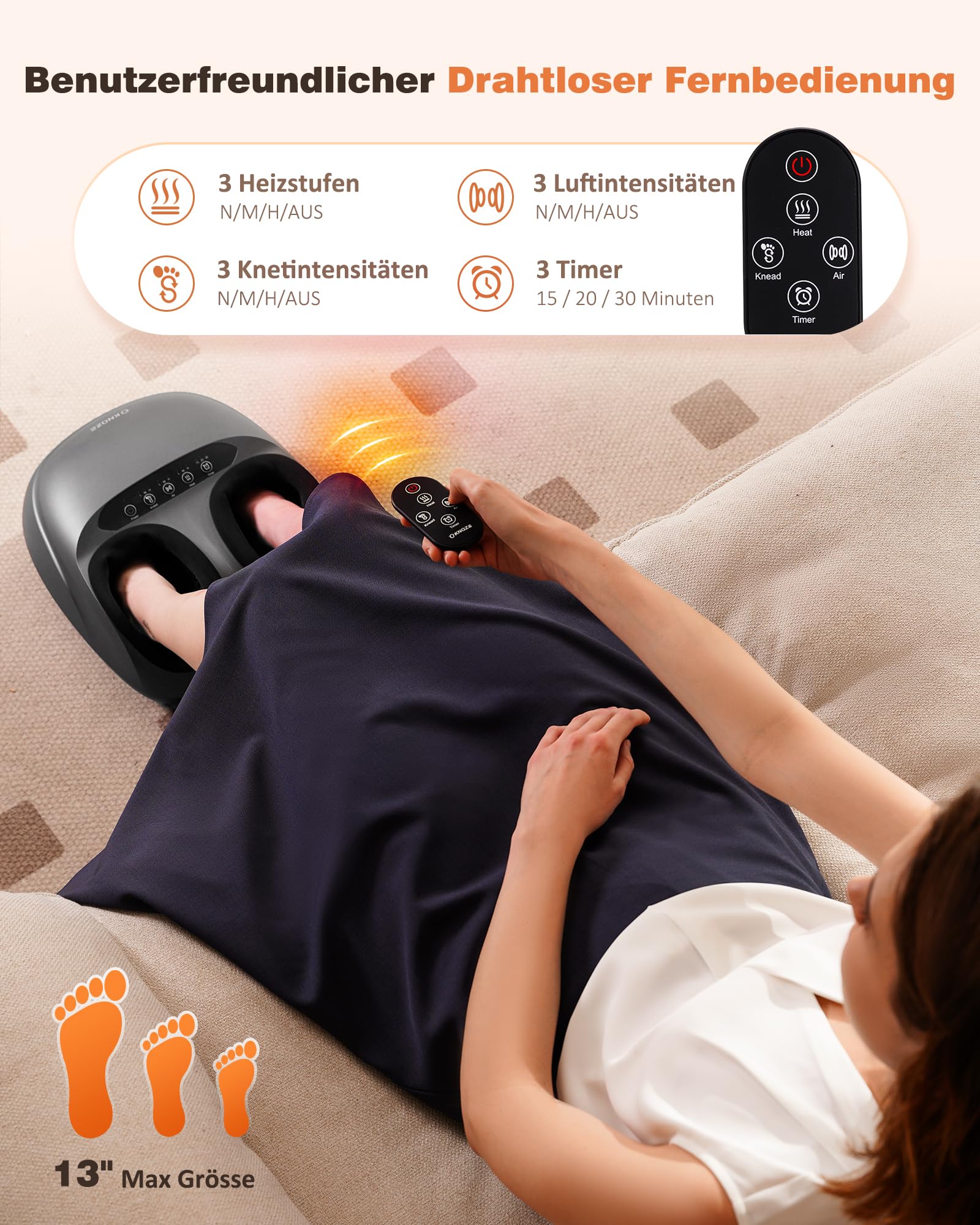 KNQZE Shiatsu Masajeador de Pies con Calor, Amasamiento, Rodillos y Compresión de Aire, 2026 Eléctrico Masajeador Pies para Fascitis Plantar y Alivio del Dolor, 3 Modos de Calor y Masaje, Regalo, Gris
