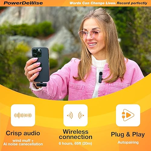 Miniatura 2 de PowerDeWise Micrófono de solapa profesional inalámbrico Lavalier para iPhone, iPad - Micrófono de grabación de condensador omnidireccional dual para