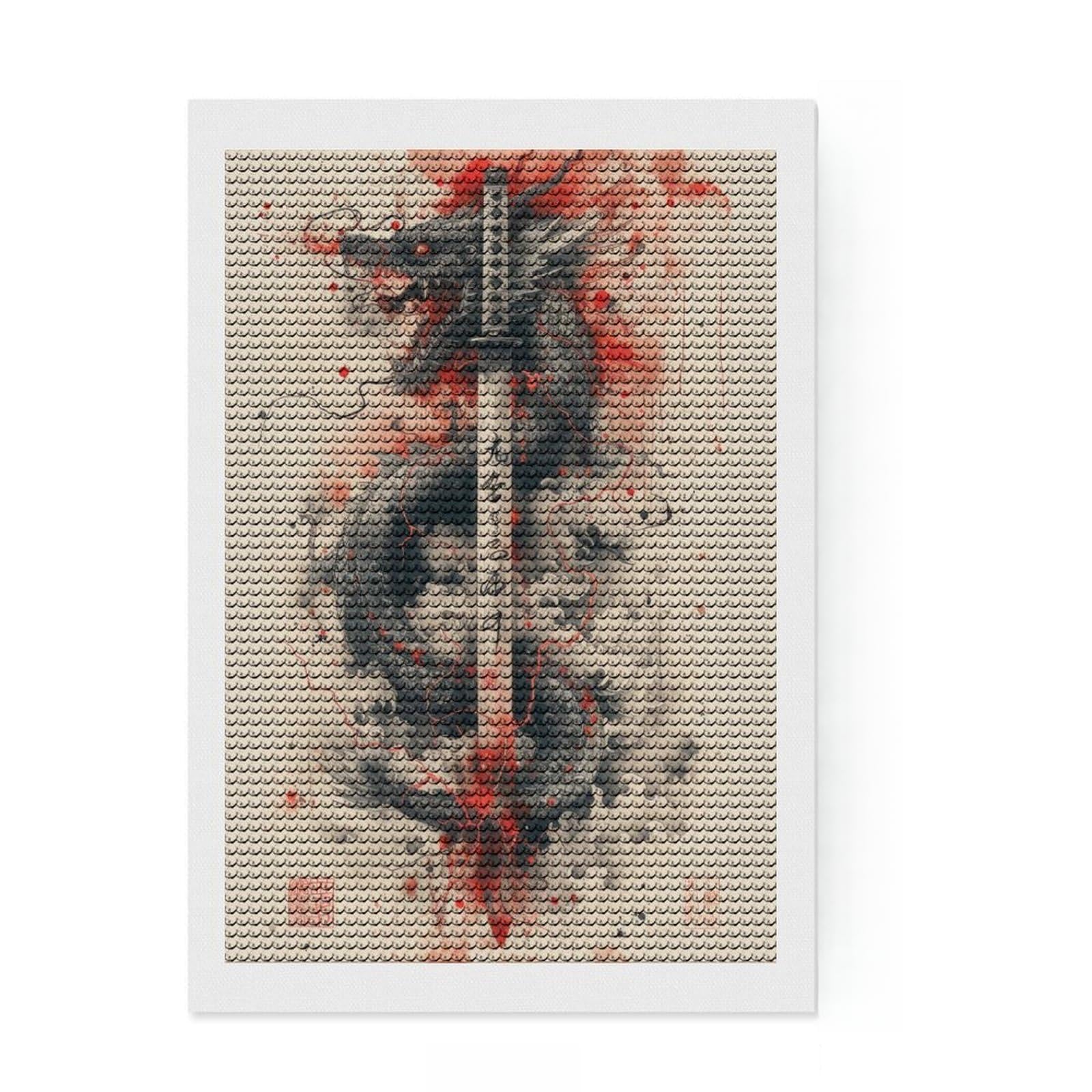 Junmoney Katana of The Black Dragon DIY Diamond Art Canvas Kit 8"x12", Neat Printed Canvas, Mindful Craft Activity, Office Decor, Gift Idea