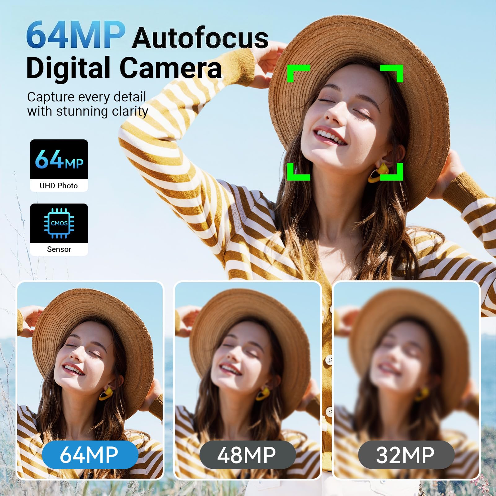 Cámara digital 4K para fotografía, cámara de vlogging de 64 MP para YouTube con pantalla abatible y antivibración, cámara de video de enfoque automático UHD con zoom digital de 16X con tarjeta SD de