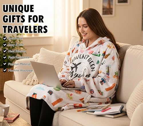 Miniatura 2 de Regalos de viaje para mujeres y hombres, manta de franela con capucha, súper suave, cálida y acogedora con dos bolsillos grandes