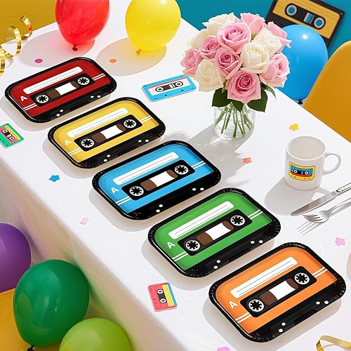 Miniatura 4 de Grencian 60 platos de cinta de cassette de 10 x 6.5 pulgadas, platos cuadrados de papel cuadrados para fiestas temáticas de música, vajilla