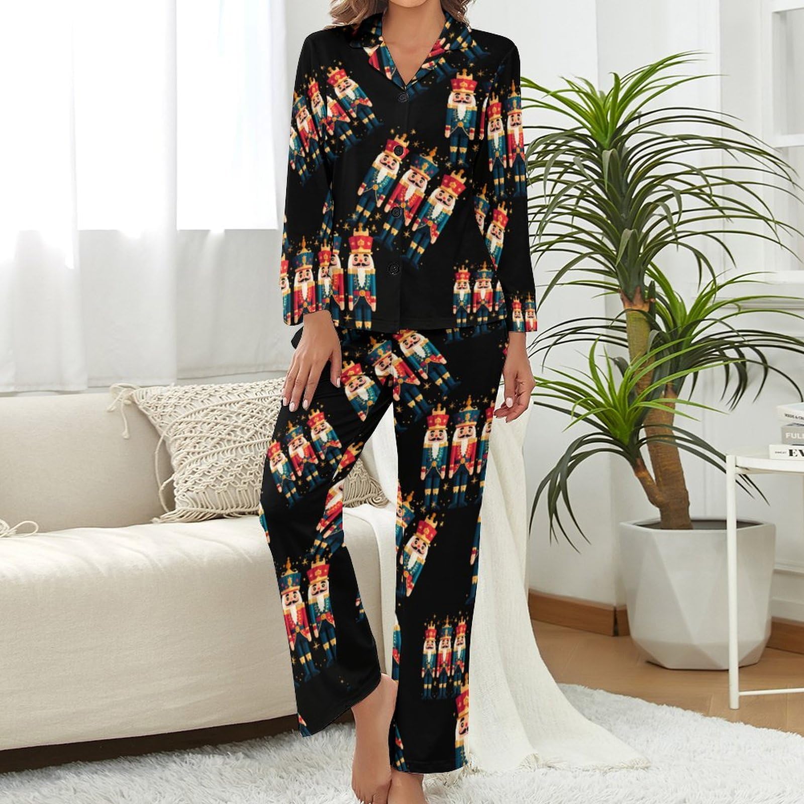 Three Nutcracker - Conjunto de pijama vintage para mujer, cuello en V, manga larga, pantalones y pantalones cómodos, ropa de dormir suave