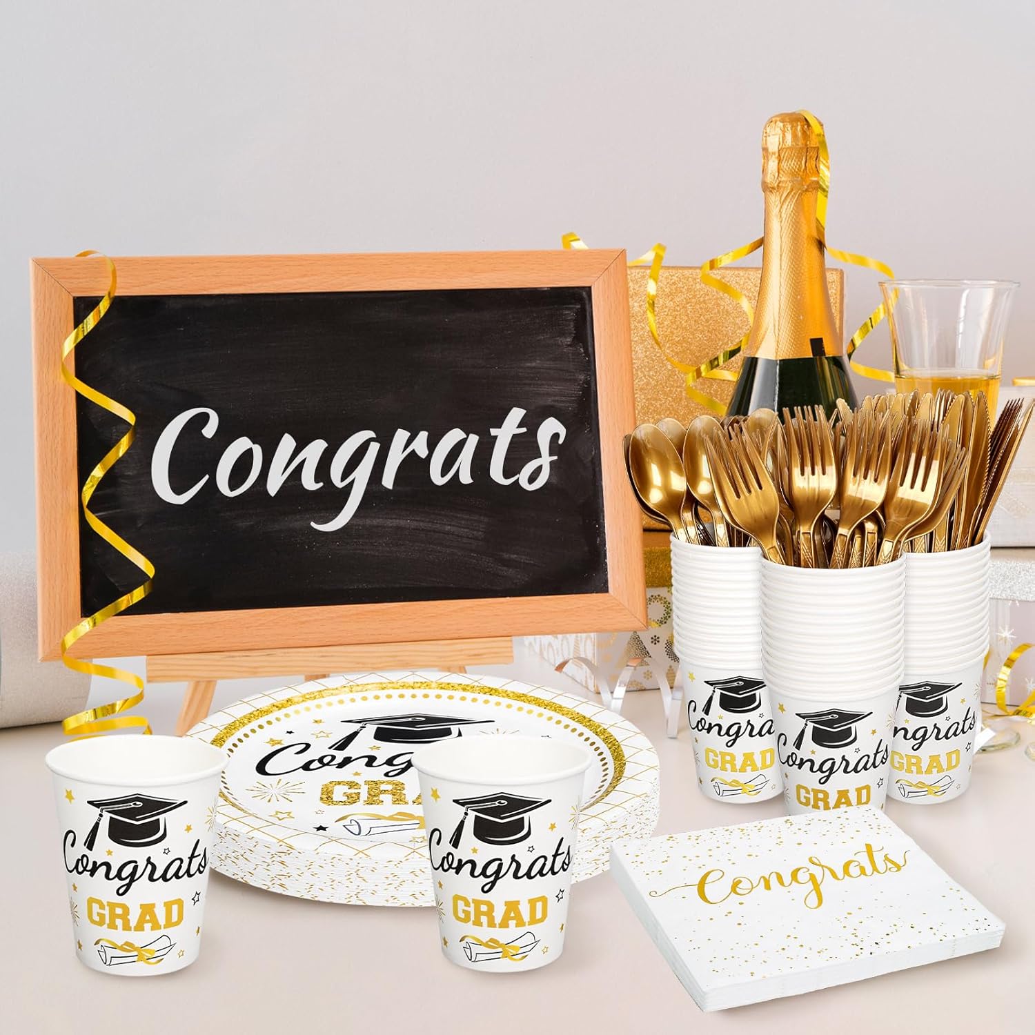 Whaline 175 Pcs Graduation Party Supplies, Paper Plates and Napkins Set, 25 Guests Gold Congrats Grad Disposable Tableware Include Plate Napkin Cup and Cutlery for Party Table Decor
