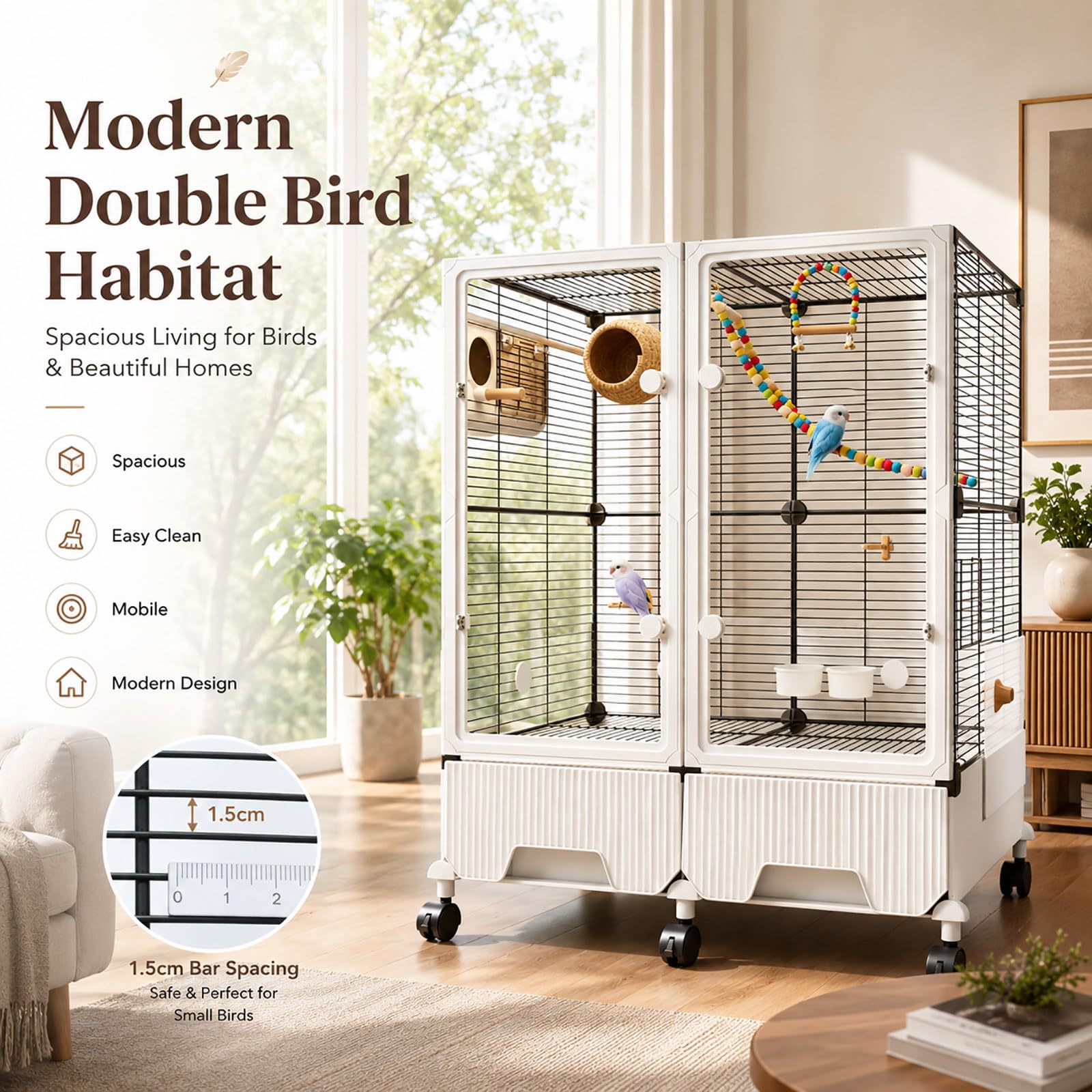 Jaula para Pájaros de Interior, Grande Jaula para Loros con Vista Acrílica Transparente, Jaula Voladera con Ruedas y Bandeja Fácil de Limpiar para Periquitos, Ninfas, Agapornis Single-Row