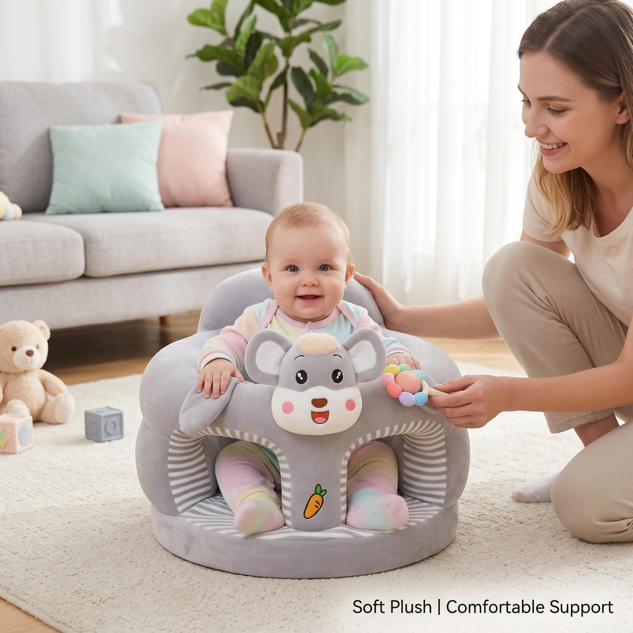 Baby Sit Up Stuhl niedlicher Cartoon Plüsch Sit Me Up Bodensitz für Babys weiche hautfreundliche Sitzunterstützung Grau