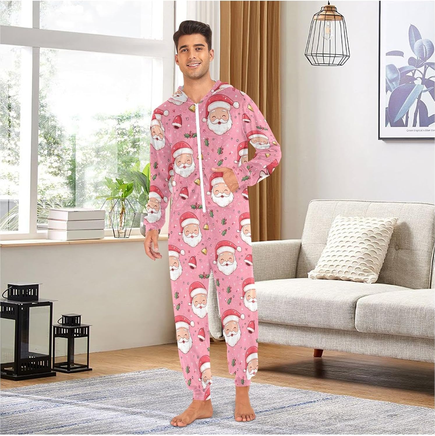 ZZKKO Christmas Bell Santa Claus Adult Onesie Pajamas for Women Men Cozy One Piece Pajamas Costume Zip-Up Hooded S-XL