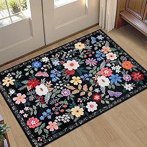 Entryway Rug 2X3 Small Rugs: Floral Washable Door Mat Vintage Soft Low Pile Non-Slip Kitchen Rugs Stain Resistant Indoor Throw Rug for Entrance, Bedroom, Kitchen, Laundry, Bathroom Black