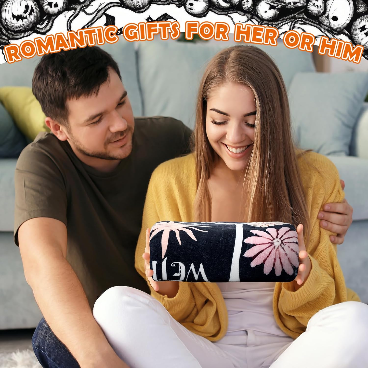 Gothic Couples Blanket Anniversary Gothic Skull Floral Flannel Blanket 50 x 60 Inch Valentine's Day Couples Gifts for Women Men for Wife, Husband - Image 5