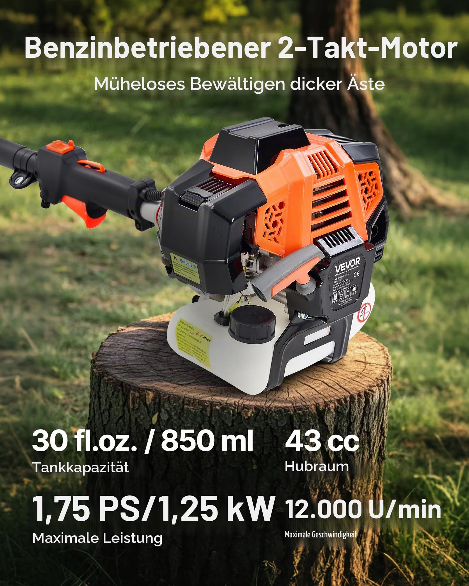 VEVOR Benzin-Hochentaster, 43ccm Hubraum 2-Takt Motorsäge, Teleskopsäge mit 2,08–3,58 m ausziehbarer Stange, 25,4 cm Schwert, 850 ml Kraftstofftank, für kraftvolles Sägen in hohen Baumkronen