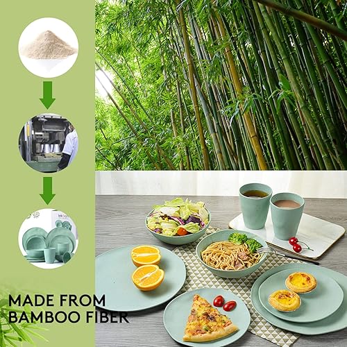 Miniatura 6 de LEKOCH Juego de vajilla verde reutilizable de la serie Wave de 16 piezas, platos y cuencos de bambú ecológicos, juego de camping para 4 personas