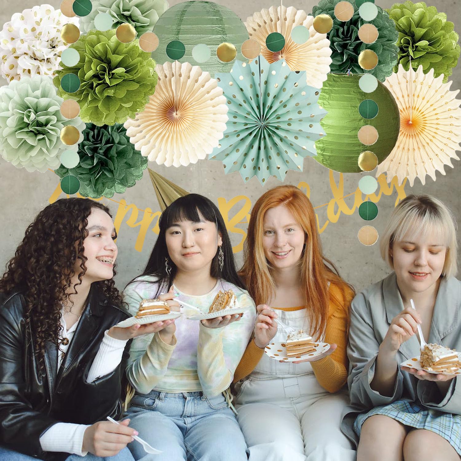 Olive Sage Green Birthday Party Decorations Sage Birthday Party Décor Tissue Paper Pom Poms Flowers Paper Fans Circle Dot Garlands Olive Green Party Neutral Birthday Decorations for Women Girls Boys