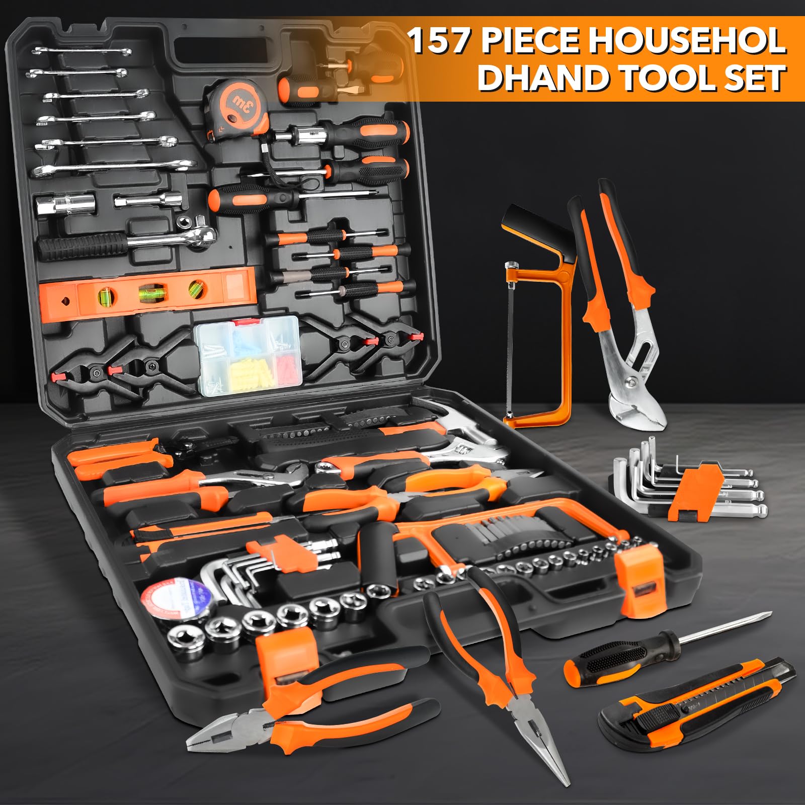 Juego de herramientas de 157 piezas, kit general de herramientas de mano para el hogar para hombres y mujeres, kit de herramientas de mano para bricolaje en el hogar, caja de herramientas de