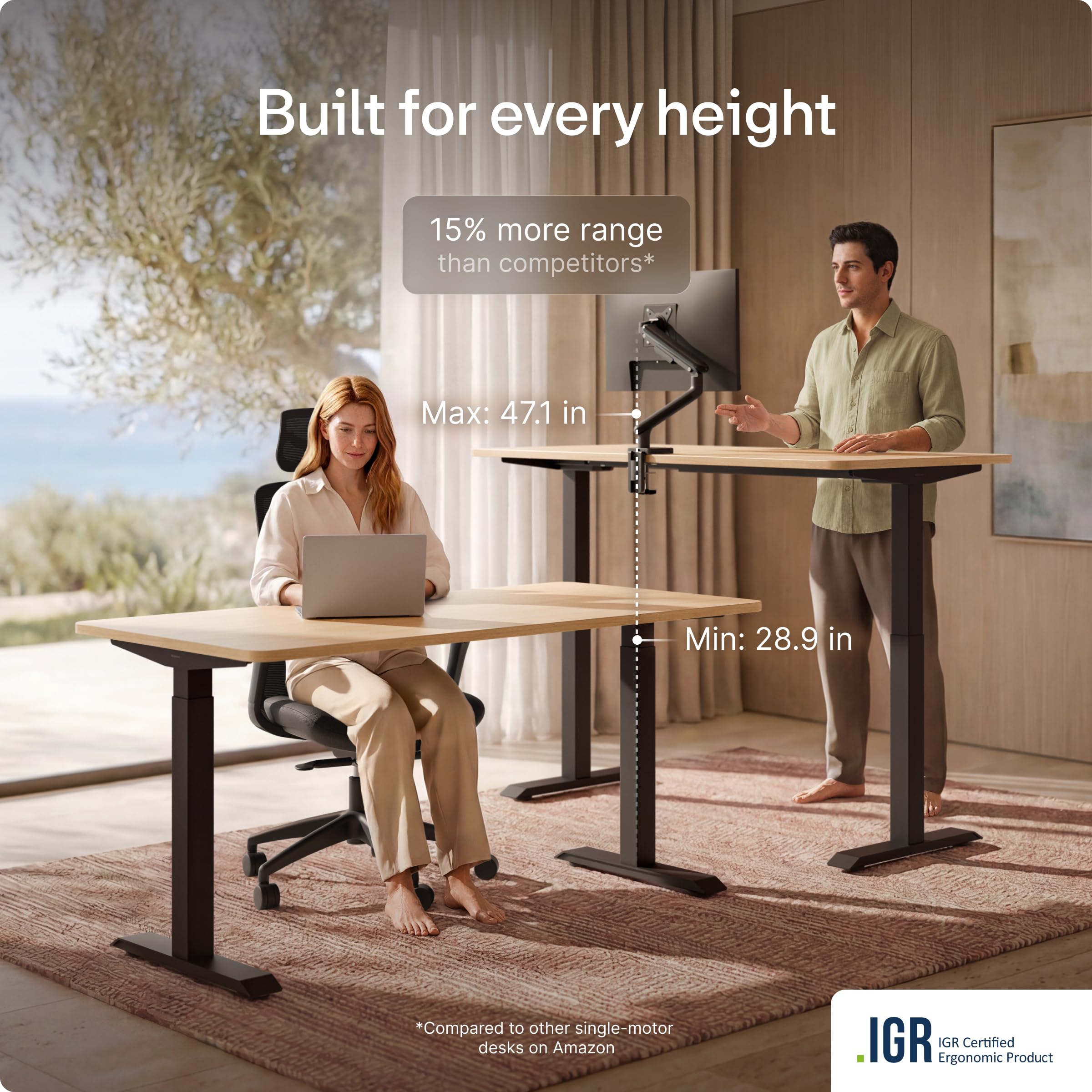 Black 60x28 in Electric Standing Desk, 1 Inch Thick Tabletop | Double Beam Frame, Holds 220lbs, Sit Stand, 3 Memory Height Adjustment, Extra Deep Table Top, Black Frame product image 19