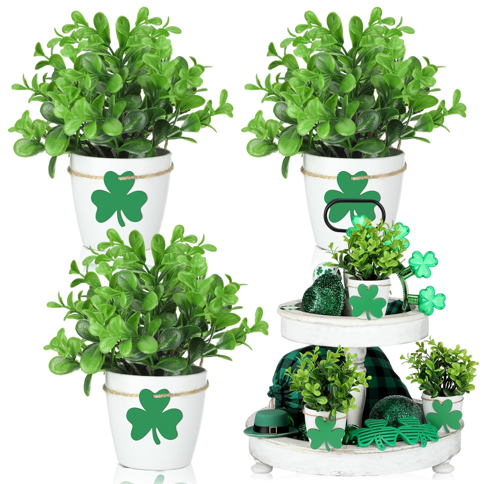 3 Set St. Patrick's Day Table Tiered Tray Mini Floral Arrangement Artificial Potted Plants Farmhouse Home Decor, Mini Fake Plants Mini Vases, Tiered Tray Greenery, Eucalyptus, Tiered Tray Accessory