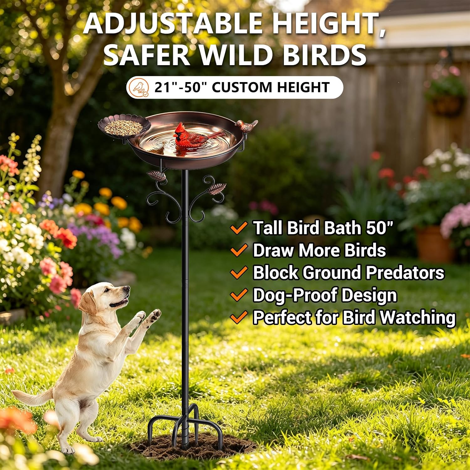 50" Tall Metal Bird Bath for Outside, Outdoor Water Feeder Bowl