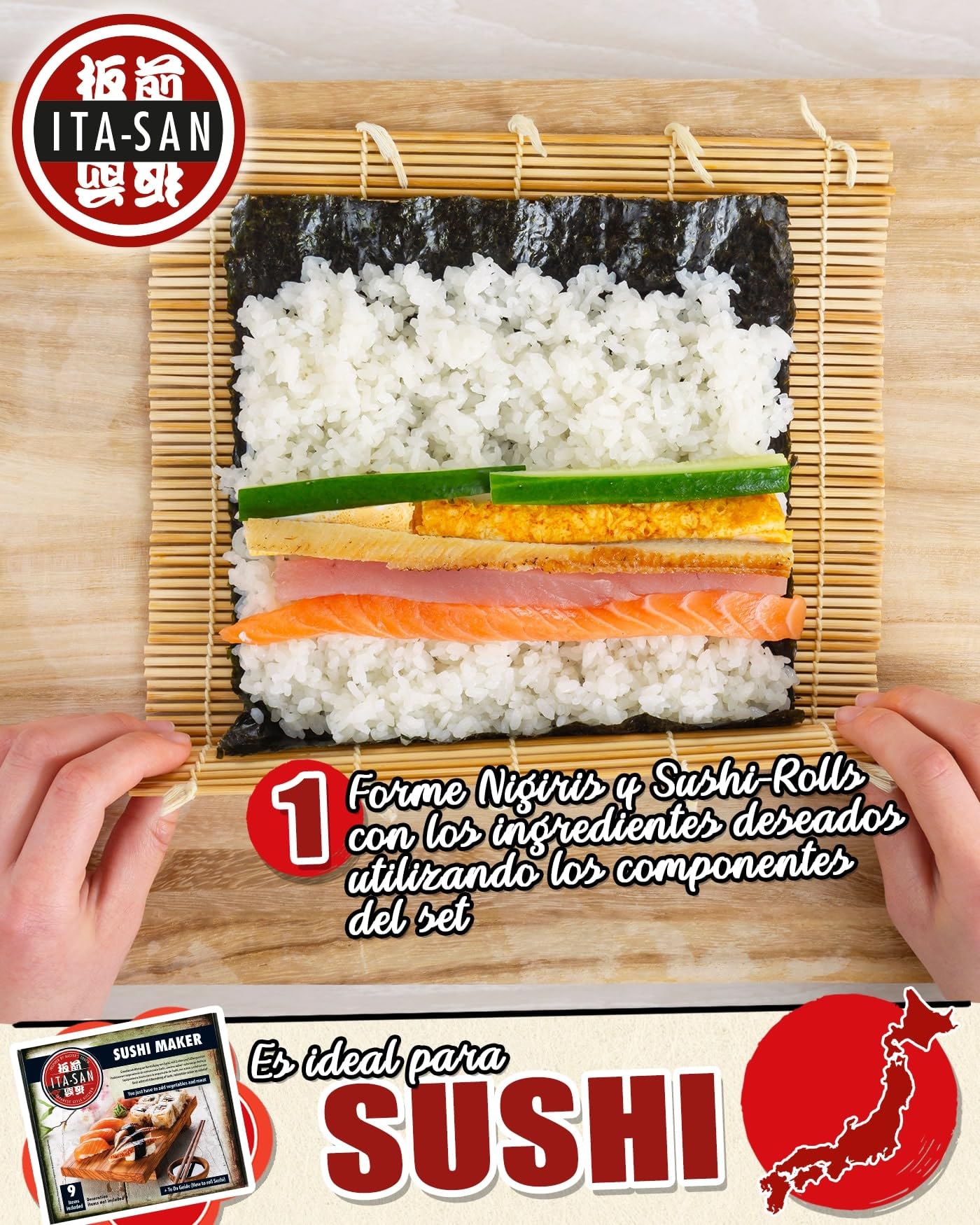 ITA-SAN Set de sushi, kit completo para hacer sushi de 9 piezas, ideal para probar o para regalar, para nigiri y sushi rolls, 1 unidad