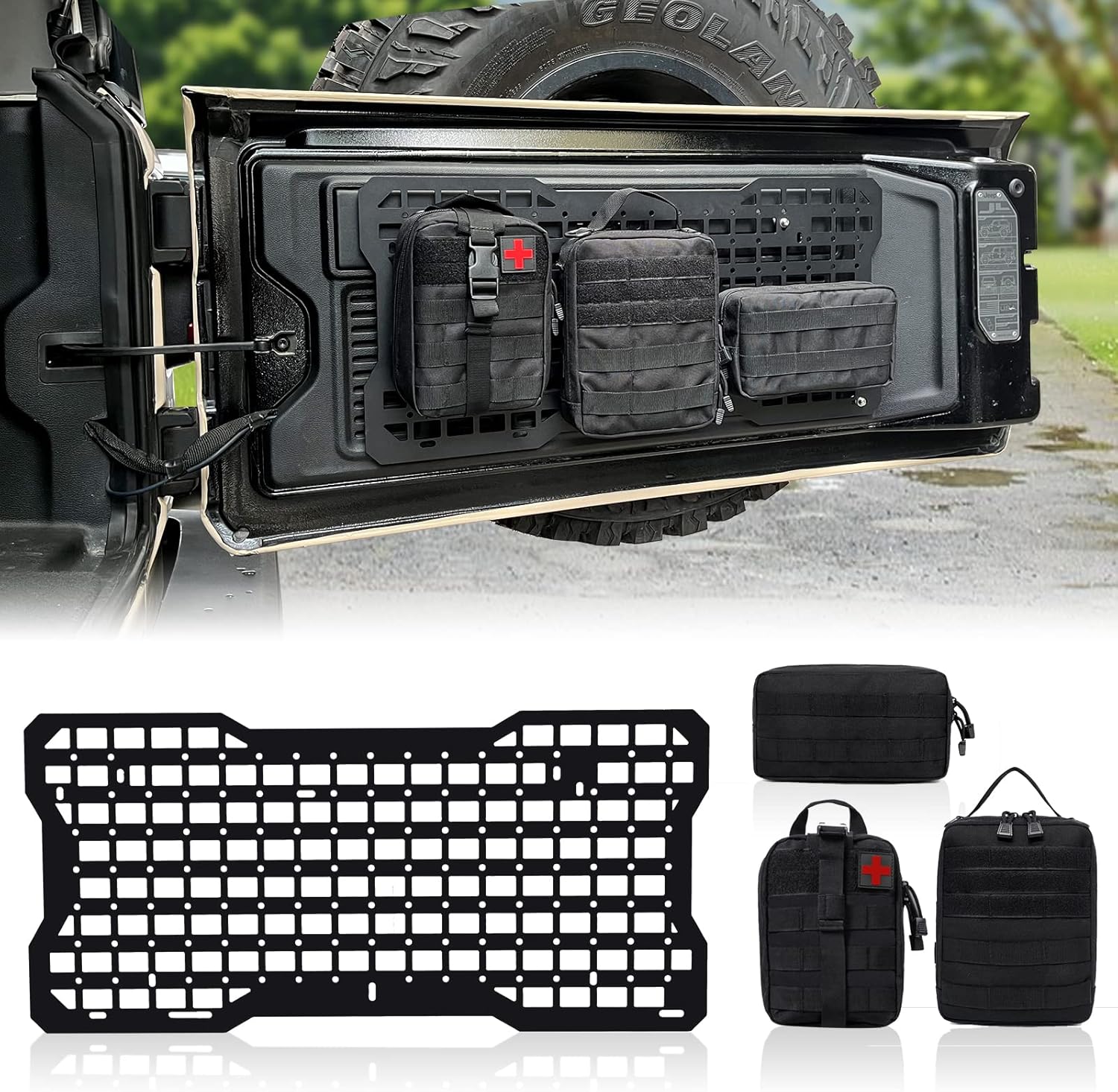 Z8 Wrangler Tailgate Tactical Panel with 3 Moll Pouch,JK/JL Rear Door Cargo Organizer Kit Compatible with Jeep Wrangler 2007-2022 JK JKU & 2018-2022 JL JLU (Aluminum Alloy)