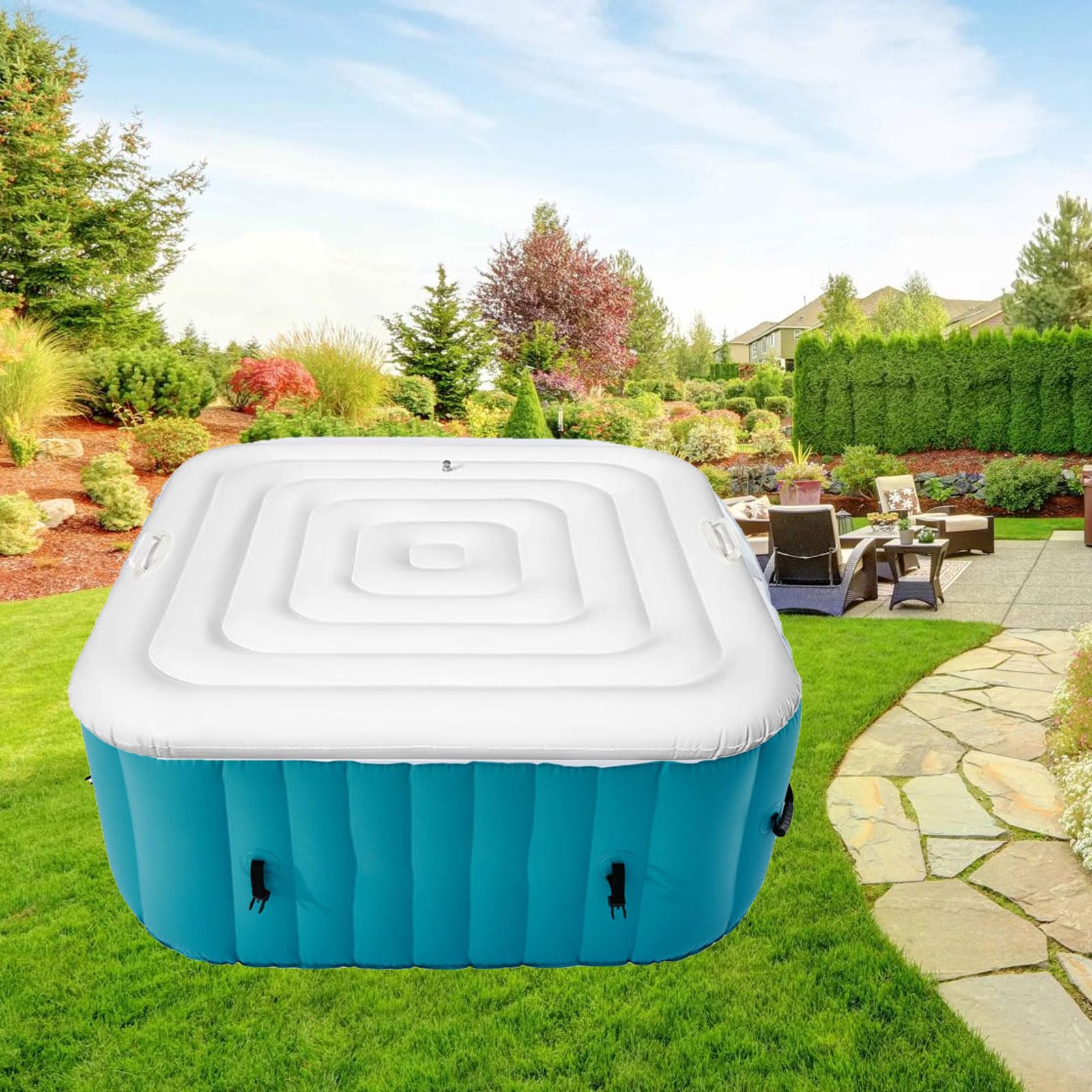Cubierta de SPA Hinchable, 128cm Cuadrado Cubierta Inflable de Bañera de Hidromasaje Aislada, Cubierta Jacuzzi Exterior, Tapa de Piscina con Dos Asas, Corte de Viento Impermeable a Prueba de Polvo